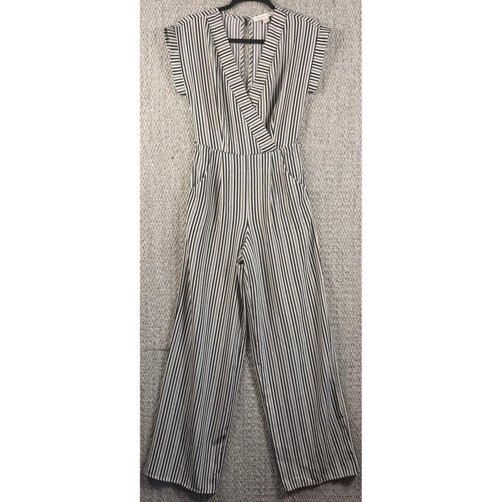 Monteau Striped Wide Leg Jumpsuit Size S Black Cream Coastal Nautical Chic Wrap